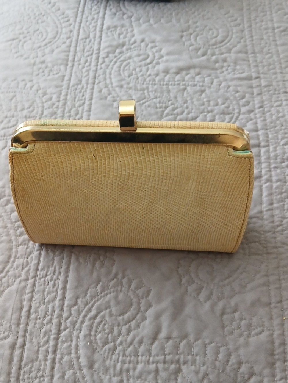 Cream Lizard-Embossed Evening Clutch with Gold Frame